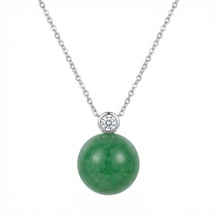 925 Sterling Silver Round Green Jade Orb Pendant Necklace with Diamond Accent