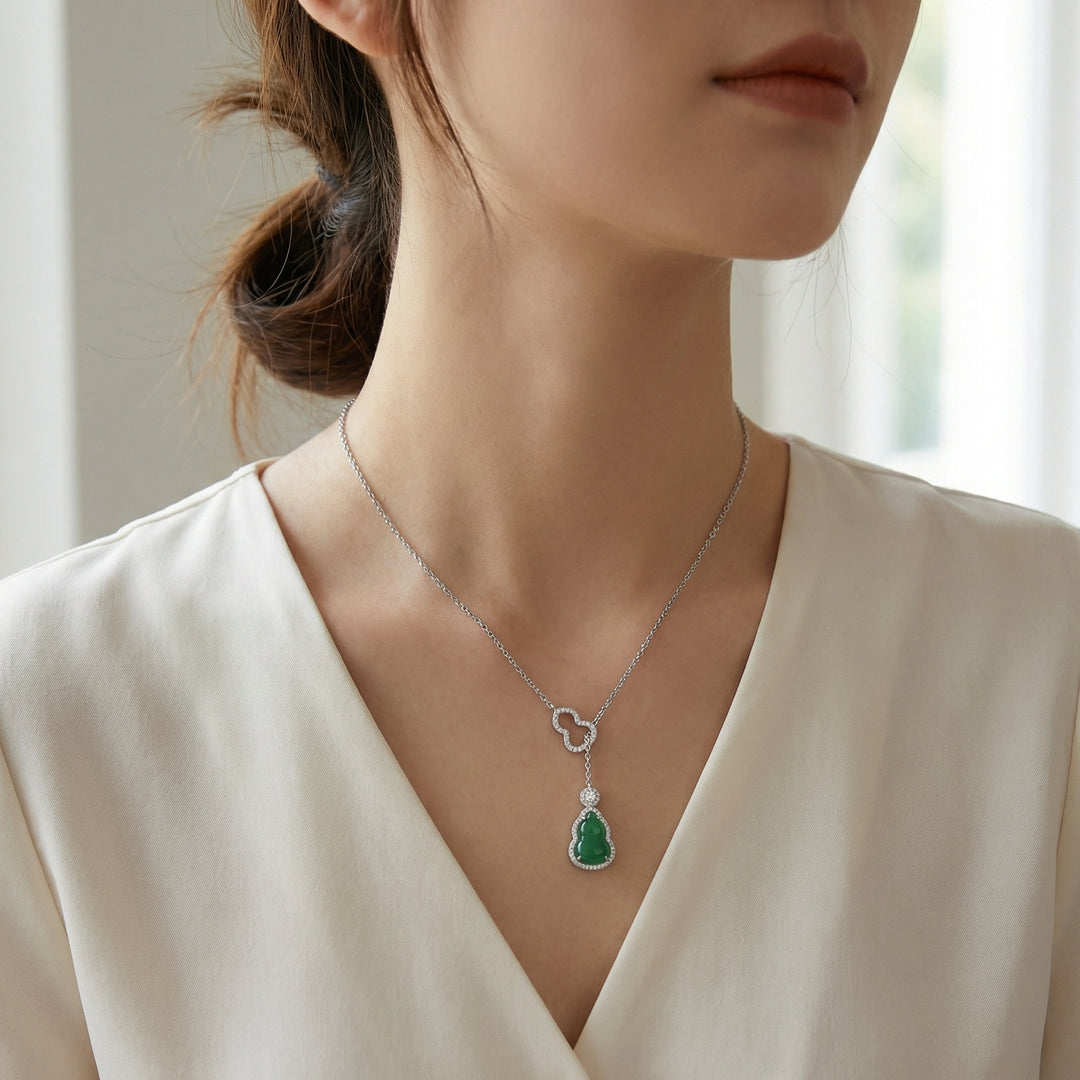 925 Sterling Silver Green Jadeite & Diamond Wulu Pendant Necklace – Polished White Finish