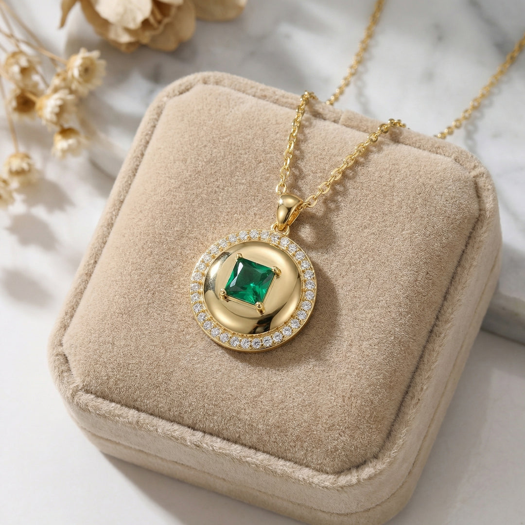 ✨ Square Emerald Pendant Necklace with White Stone Halo