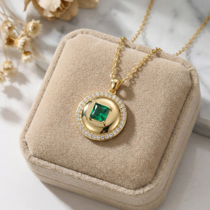 ✨ Square Emerald Pendant Necklace with White Stone Halo