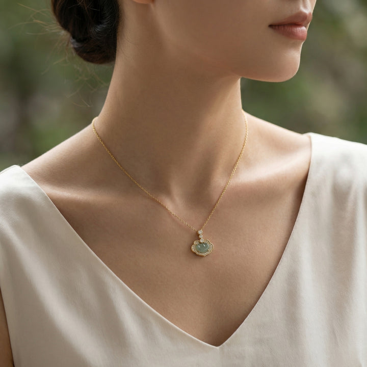 925 Sterling Silver Exquisite Green Jadeite Ruyi Pendant Necklace with Brilliant Diamond Accents