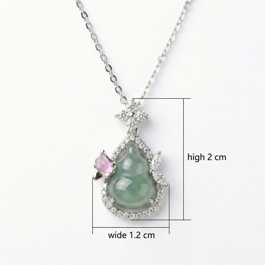 925 Sterling Silver Jadeite Gourd Pendant Necklace – Diamond & Pink Gemstone Accent