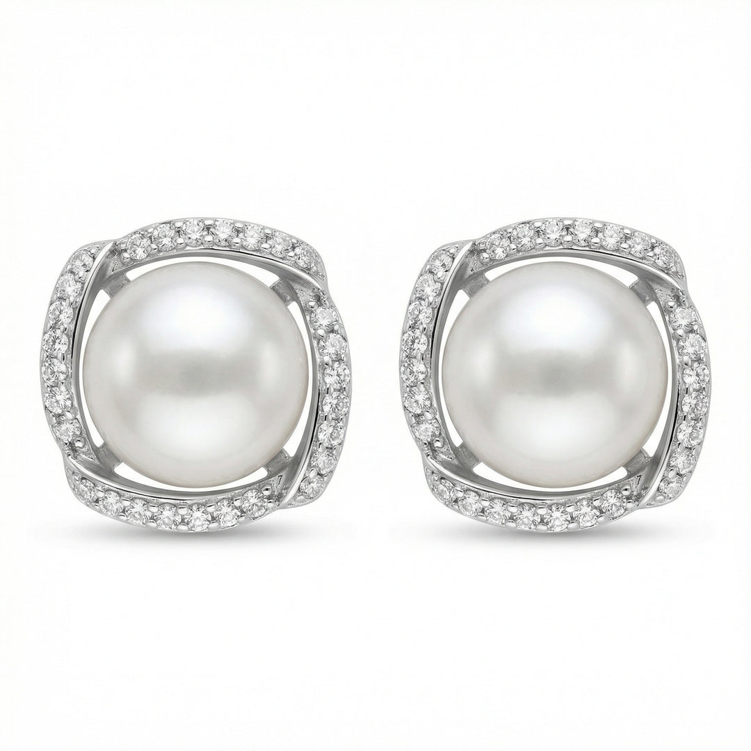 ✨ 925 Sterling Silver Luminous White Pearl Stud Earrings with Sparkling Pavé Halo ✨