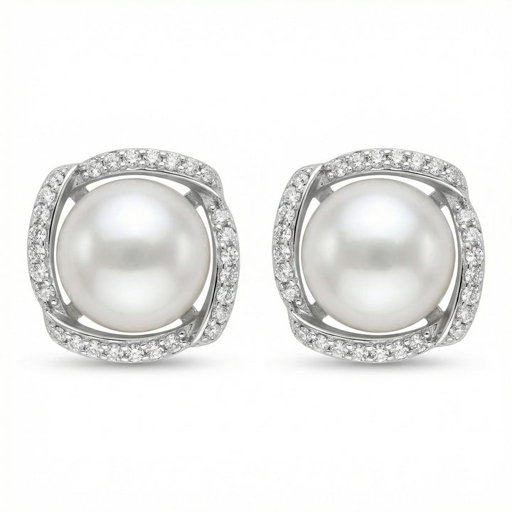 ✨ 925 Sterling Silver Luminous White Pearl Stud Earrings with Sparkling Pavé Halo ✨