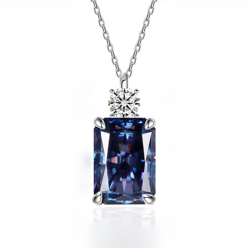 Women’s Deep Tanzanite Rectangular Necklace – 925 Silver Ice-Flower Cut Diamond Pendant
