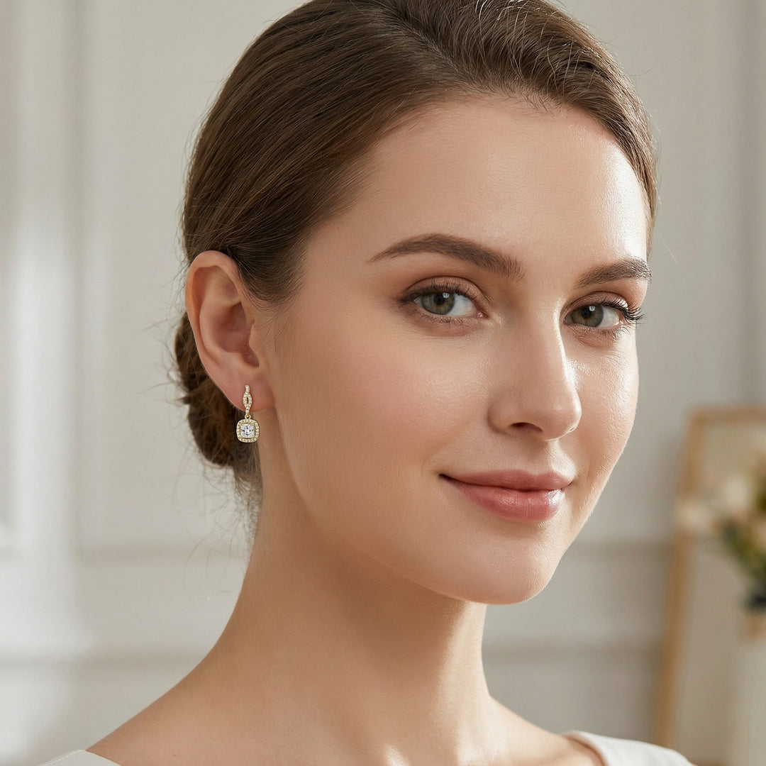 ✨ 925 Sterling Silver Princess Cut Square Halo Drop Earrings with Twisted Pavé Post