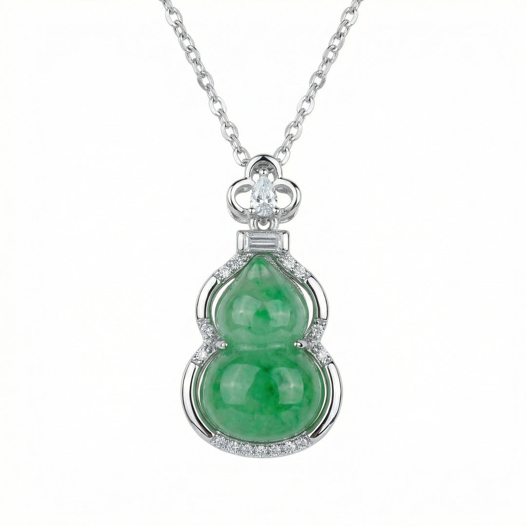 925 Sterling Silver Green Jadeite Hulu Gourd Pendant Necklace with Sparkling Diamond Accents