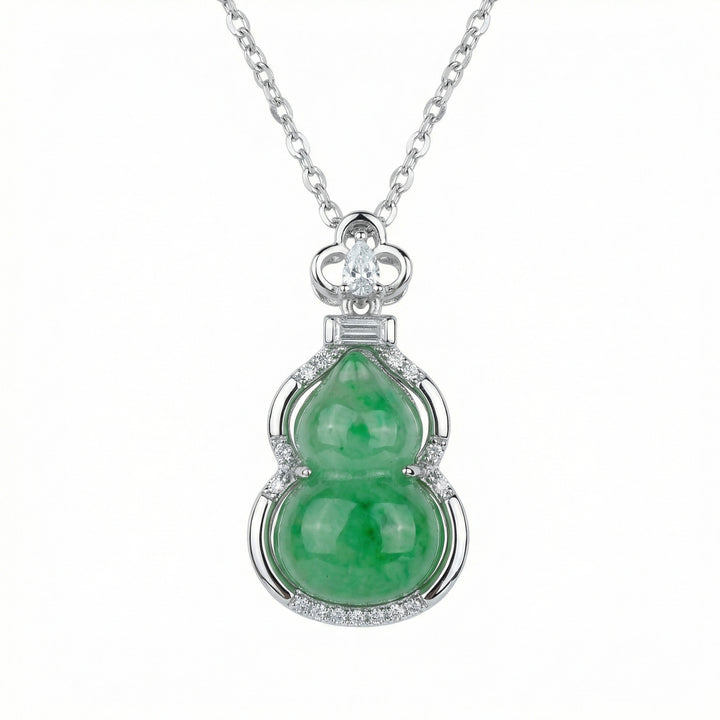 925 Sterling Silver Green Jadeite Hulu Gourd Pendant Necklace with Sparkling Diamond Accents