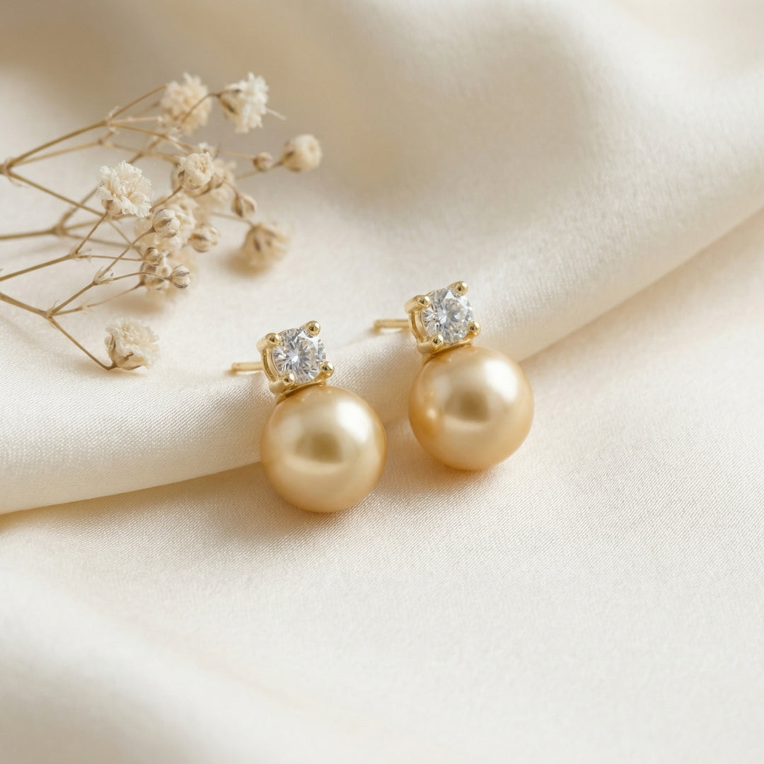 ✨ 925 Sterling Silver Champagne Pearl & Diamond Stud Earrings ✨