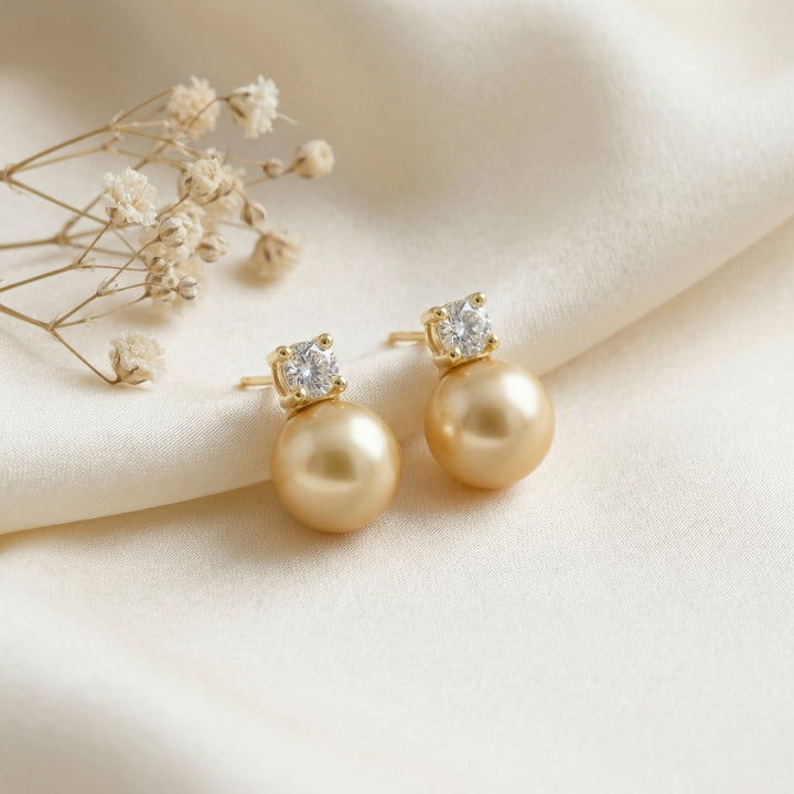 ✨ 925 Sterling Silver Champagne Pearl & Diamond Stud Earrings ✨