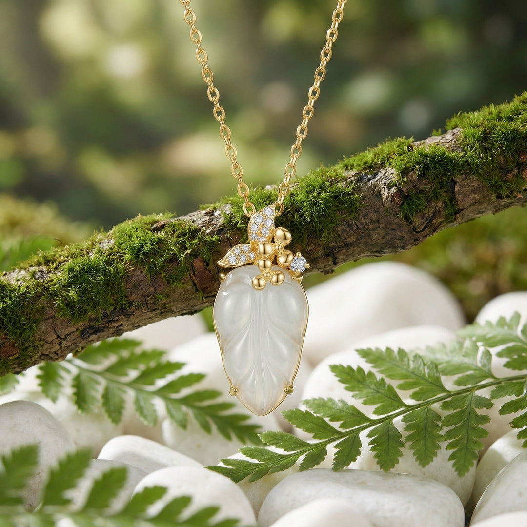 925 Sterling Silver White Jade Leaf Pendant Necklace with Butterfly & Floral Accents