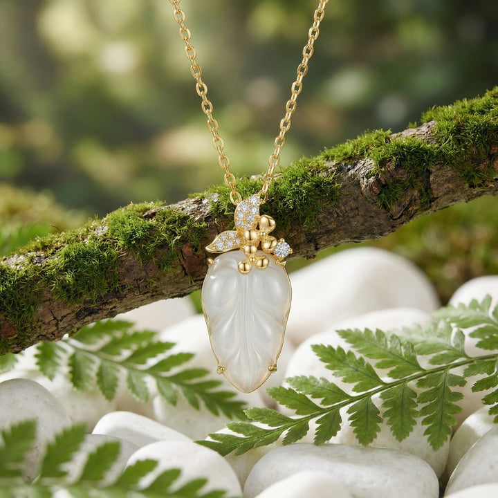 925 Sterling Silver White Jade Leaf Pendant Necklace with Butterfly & Floral Accents