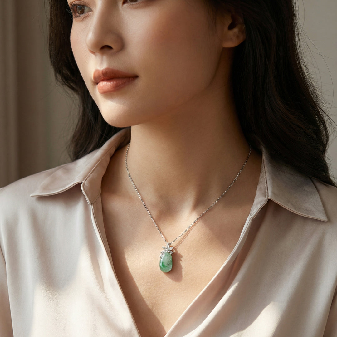 925 Sterling Silver Exquisite Carved Green Jadeite Pendant Necklace with Diamond-Set Floral Bail
