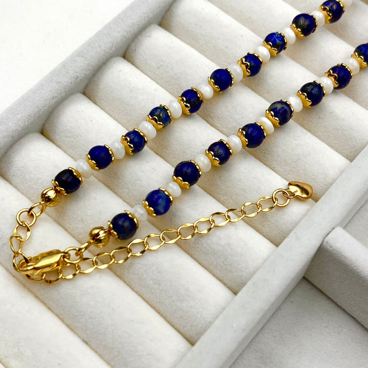 Retro Lapis Stone & Pearl Necklace for Women – Elegant Vintage Fashion Jewelry