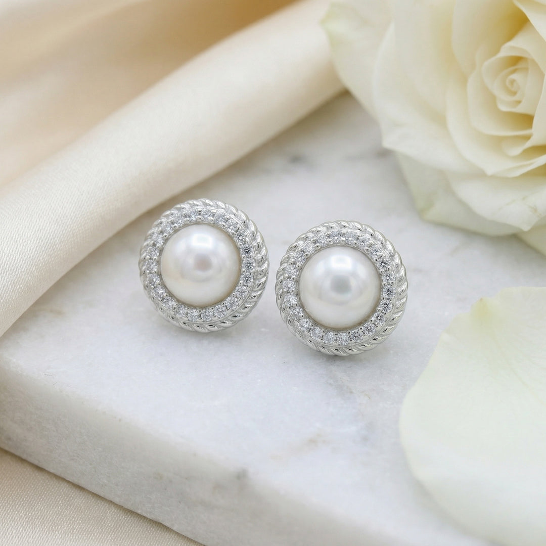 ✨ 925 Sterling Silver White Pearl Halo Stud Earrings with Twisted Rope Detail ✨