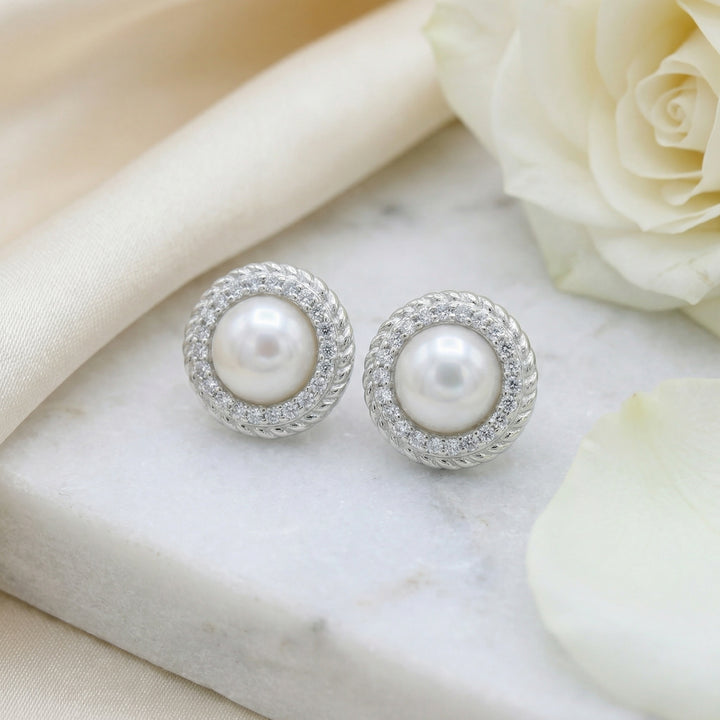 ✨ 925 Sterling Silver White Pearl Halo Stud Earrings with Twisted Rope Detail ✨