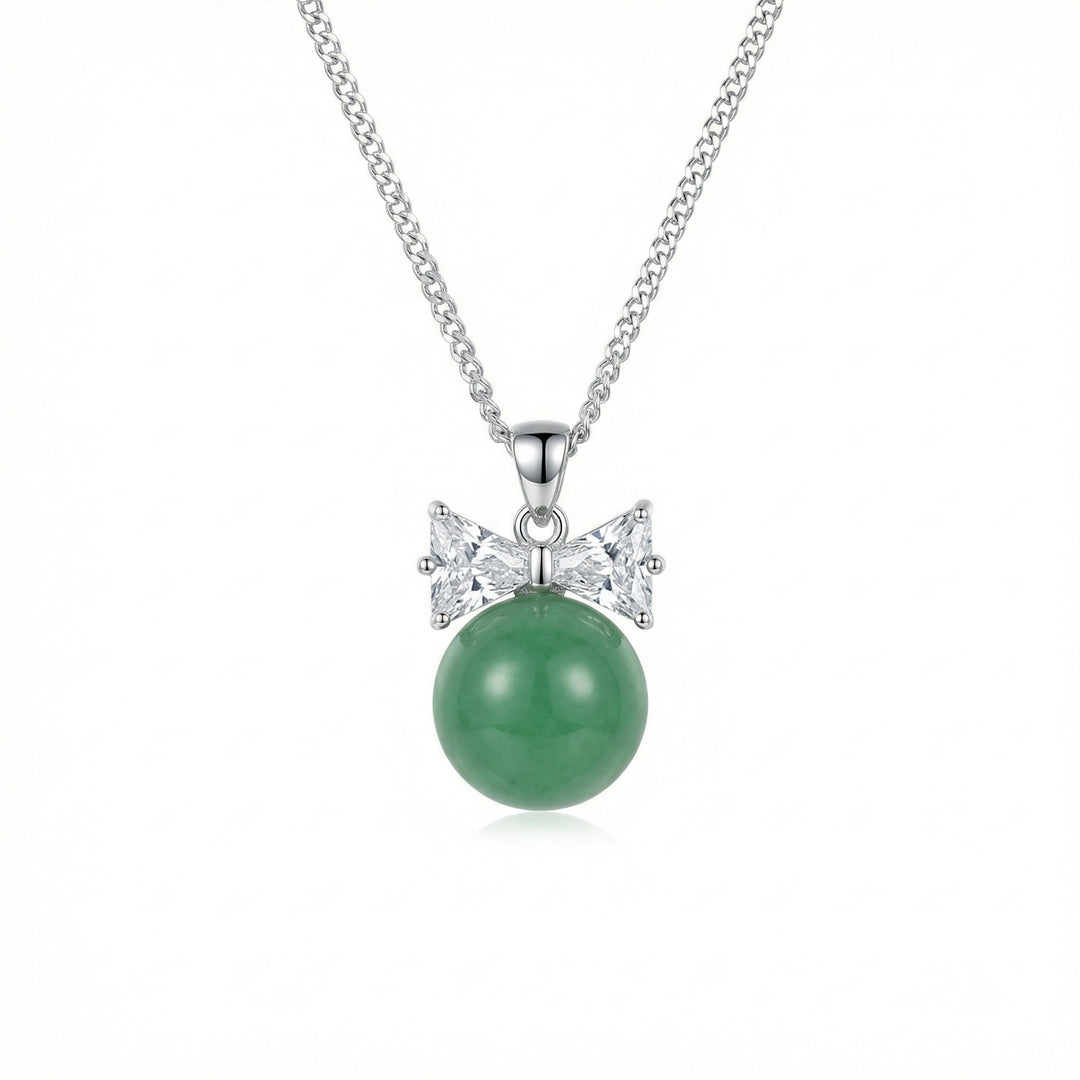 925 Sterling Silver Green Jade Sphere Necklace – Sparkling Bowknot Pendant