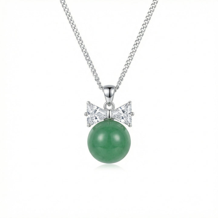 925 Sterling Silver Green Jade Sphere Necklace – Sparkling Bowknot Pendant