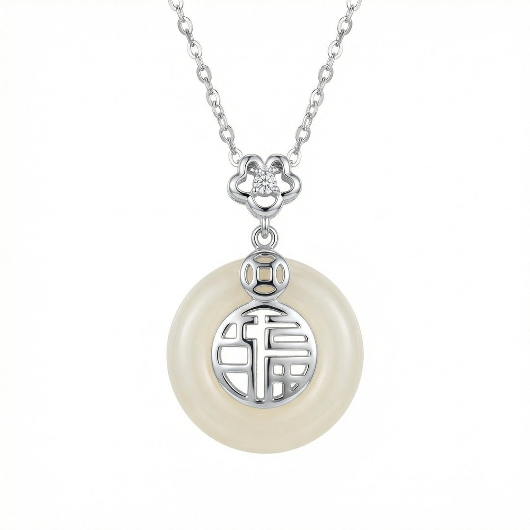 925 Sterling Silver Chinese "Fu" Blessing White Jade Circular Pendant Necklace