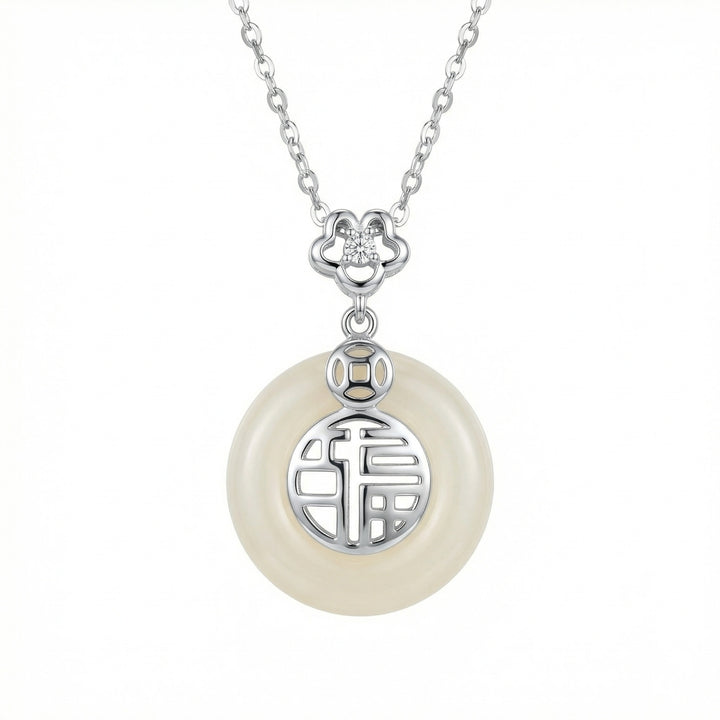 925 Sterling Silver Chinese "Fu" Blessing White Jade Circular Pendant Necklace