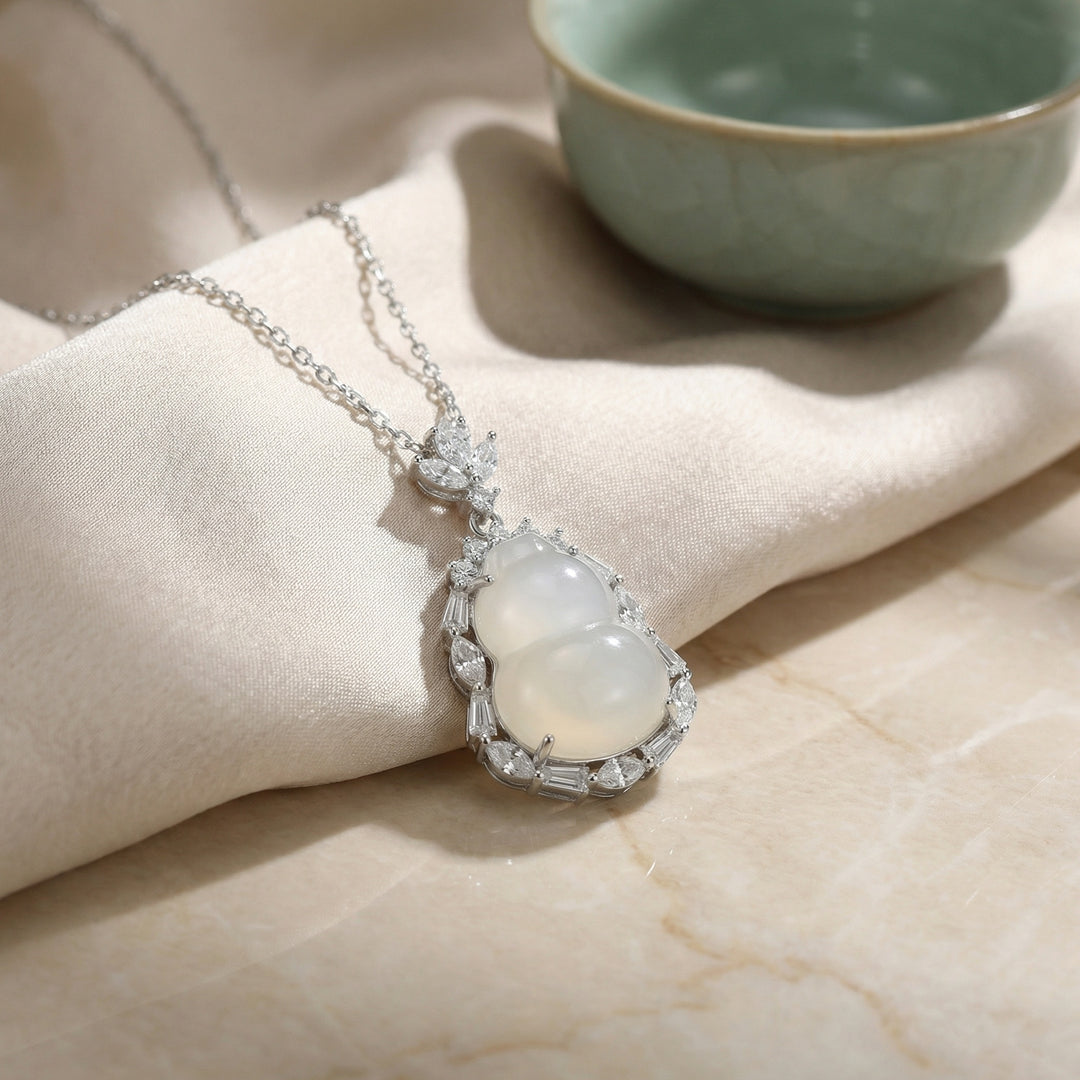 925 Sterling Silver White Jade Hulu Pendant Necklace with Mixed-Cut Diamond Halo & Leaf Bail