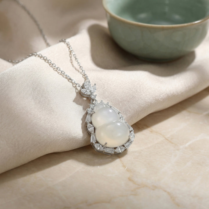 925 Sterling Silver White Jade Hulu Pendant Necklace with Mixed-Cut Diamond Halo & Leaf Bail