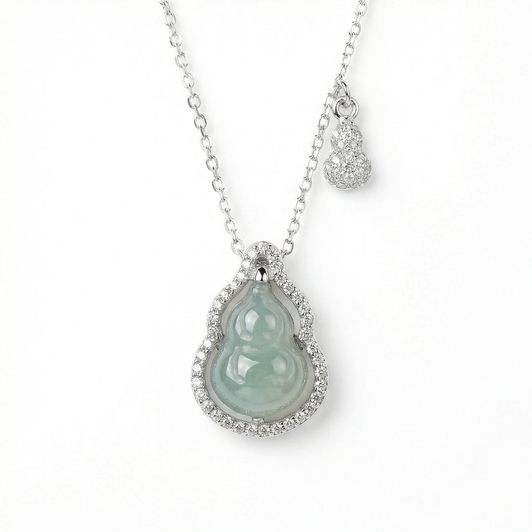 925 Sterling Silver Green Jadeite Double Gourd Pendant Necklace – Elegant Diamond Accent