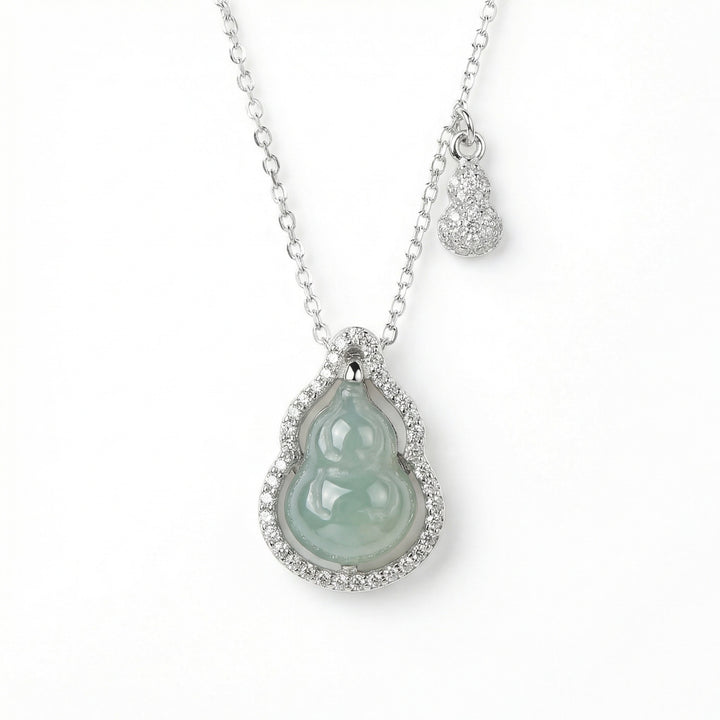 925 Sterling Silver Green Jadeite Double Gourd Pendant Necklace – Elegant Diamond Accent
