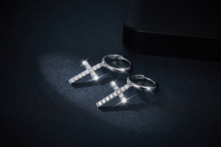 Luxury Minimalist Moissanite Cross Earrings – Platinum-Plated S925 Silver