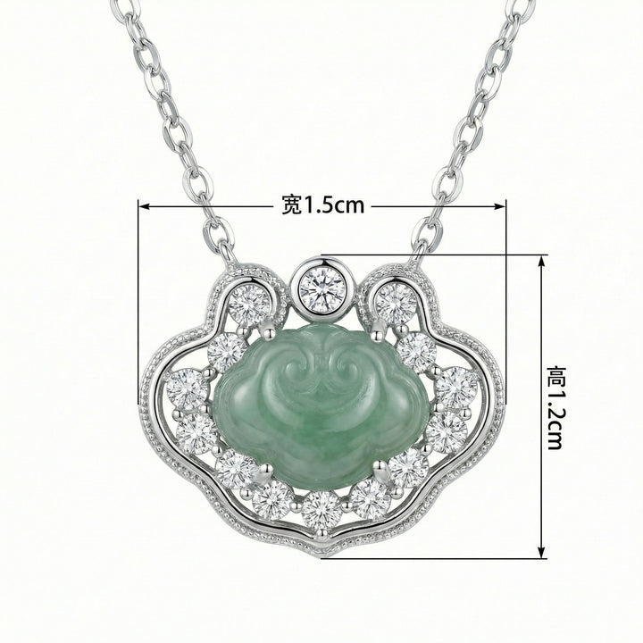 925 Sterling Silver Elegant Green Jade Ruyi Pendant Necklace with Shimmering Stone Accents