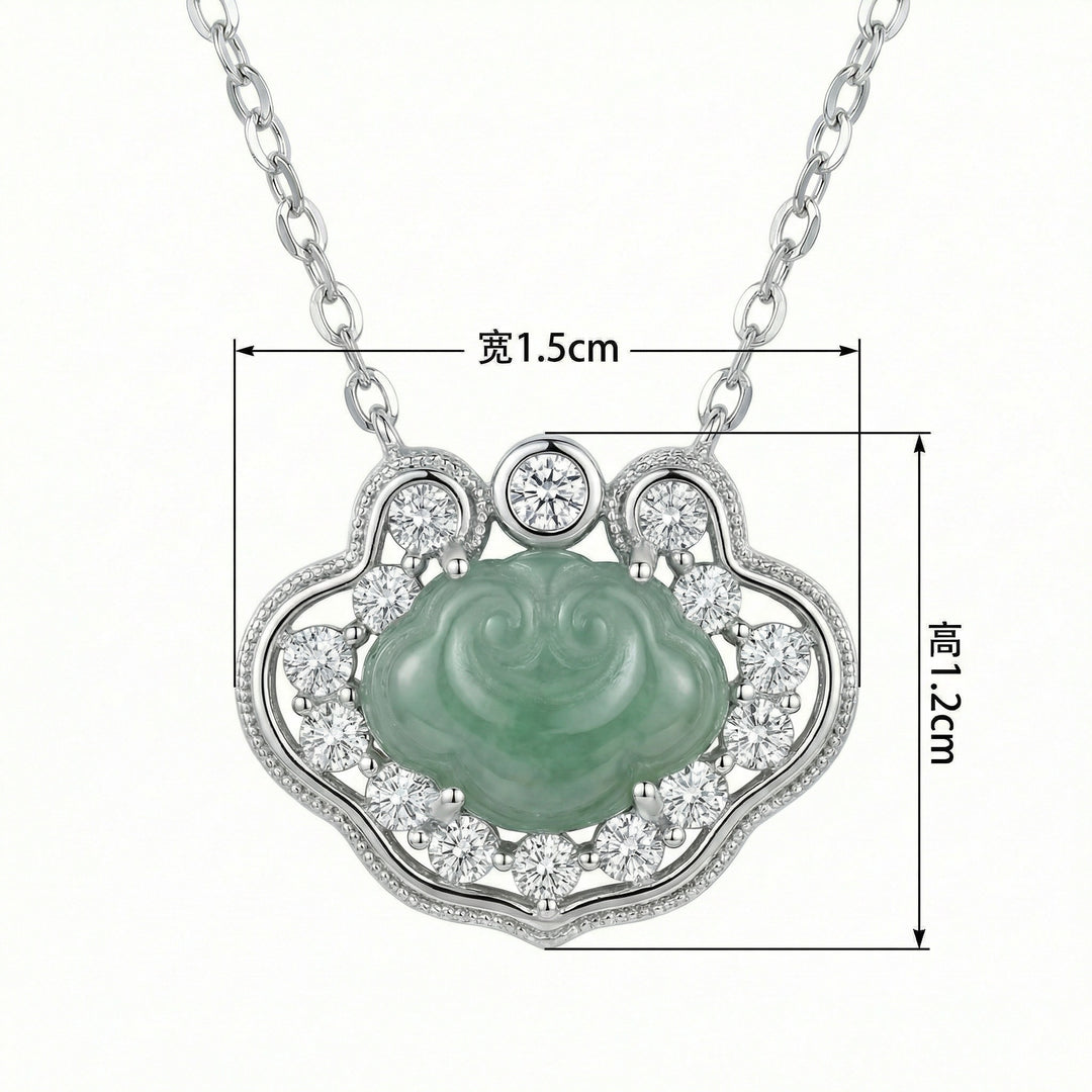 925 Sterling Silver Elegant Green Jade Ruyi Pendant Necklace with Shimmering Stone Accents