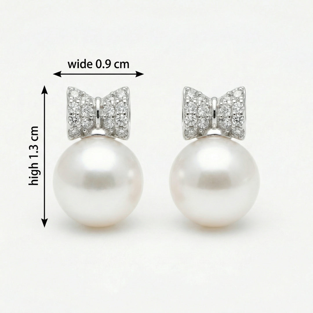 925 Sterling Silver White Pearl Drop Earrings with Diamond-Accented Bow Motifs