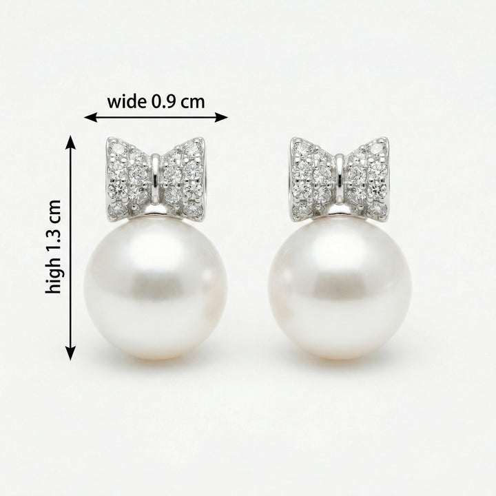 925 Sterling Silver White Pearl Drop Earrings with Diamond-Accented Bow Motifs