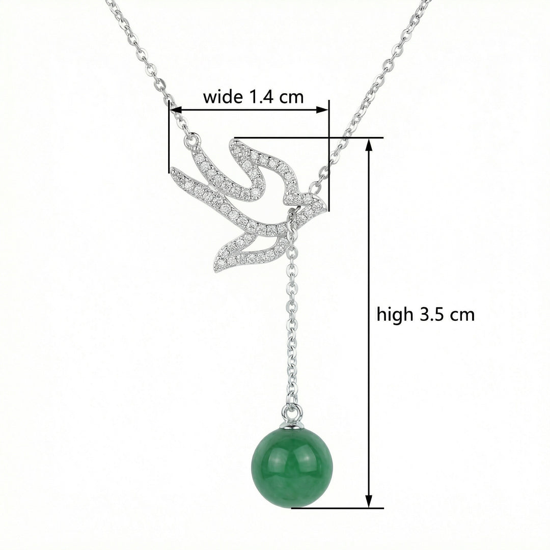 925 Sterling Silver Bird Necklace with Green Jade Bead – Sparkling Accent Design