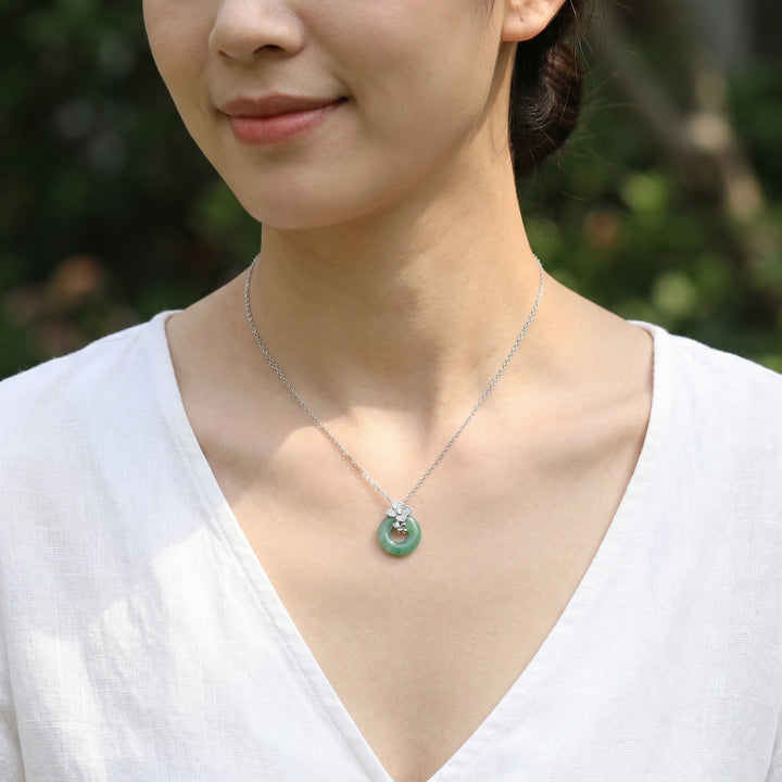 925 Sterling Silver Green Jade Donut (Bi Disc) Pendant Necklace with Floral Crystal Accent
