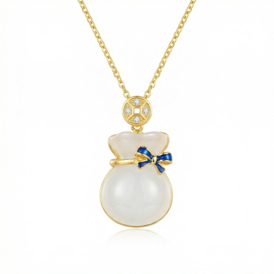 💎 White Jade Money Bag Necklace with Blue Enamel Bow