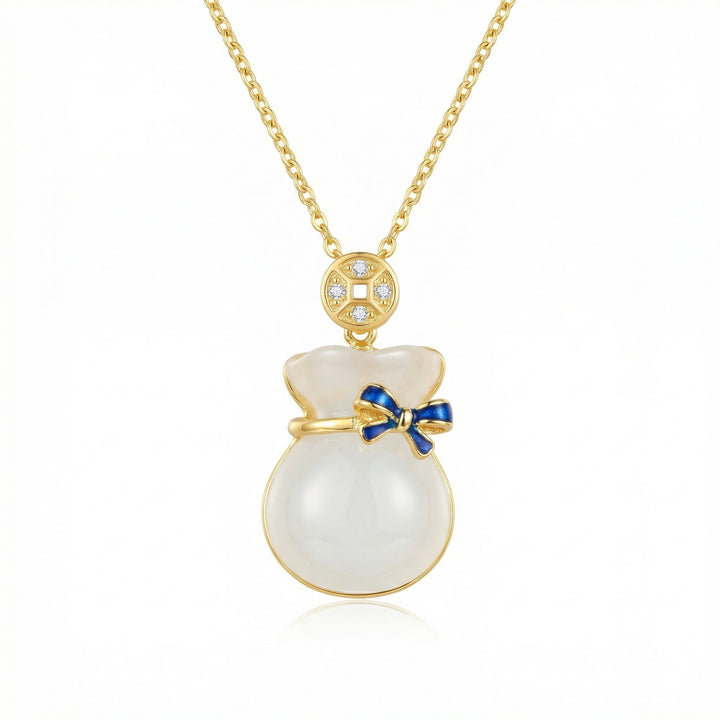 💎 White Jade Money Bag Necklace with Blue Enamel Bow