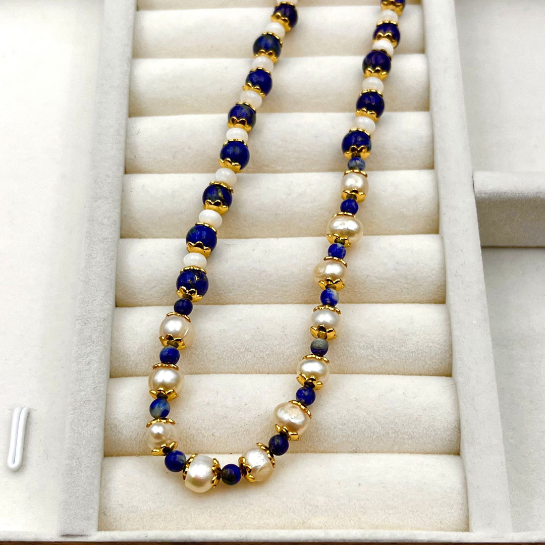 Retro Lapis Stone & Pearl Necklace for Women – Elegant Vintage Fashion Jewelry