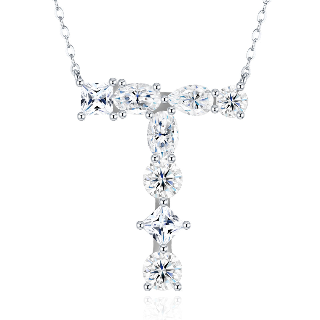 💎 Bubble Letter T Pendant Necklace – Platinum & Gold-Plated S925 Silver with Moissanite 💎