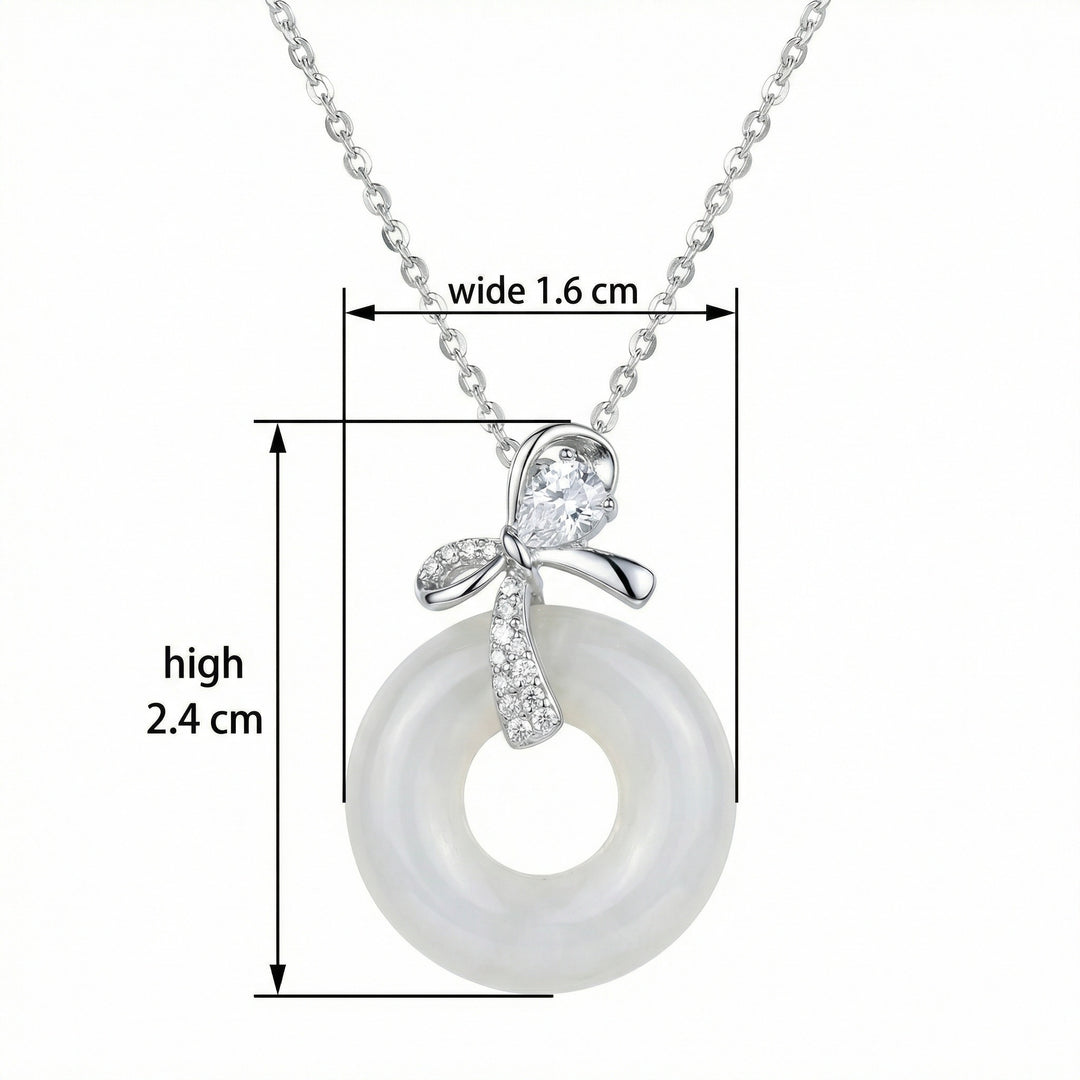 925 Sterling Silver Elegant White Jade Donut Pendant Necklace with Sparkling Silver Bow Accent