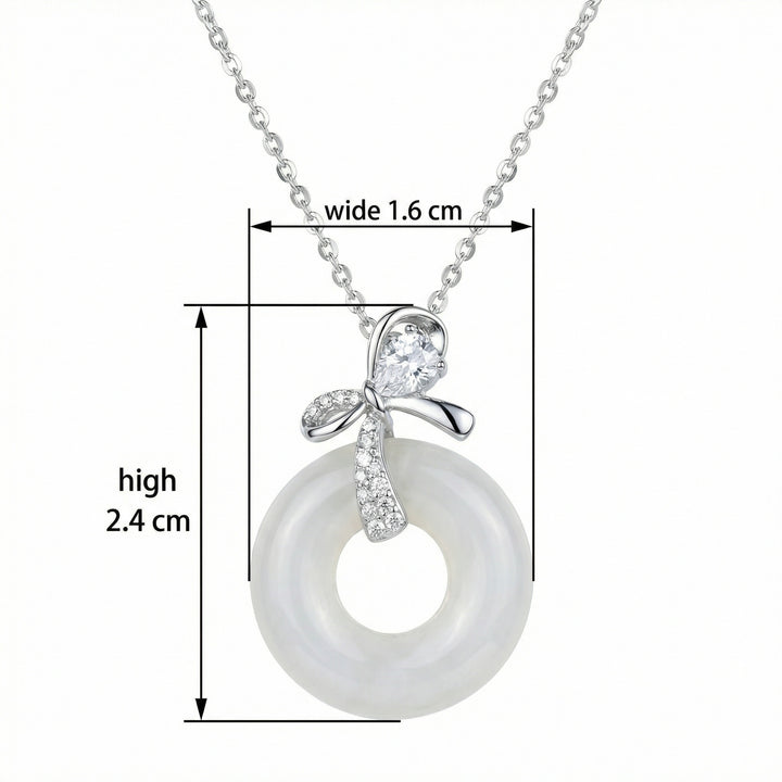 925 Sterling Silver Elegant White Jade Donut Pendant Necklace with Sparkling Silver Bow Accent