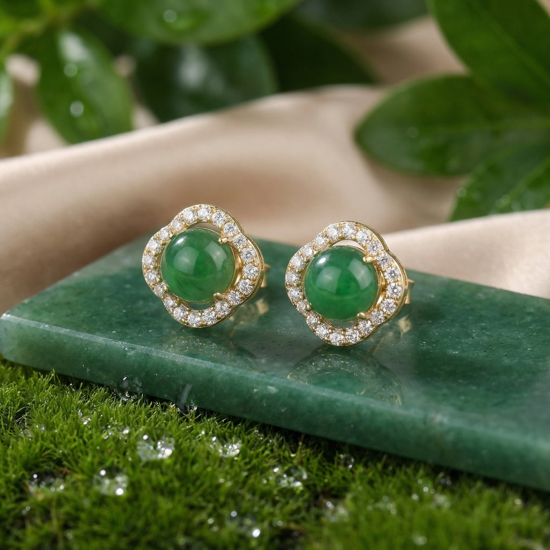 925 Sterling Silver Scalloped Green Jade Cabochon Earrings with Diamond Halo