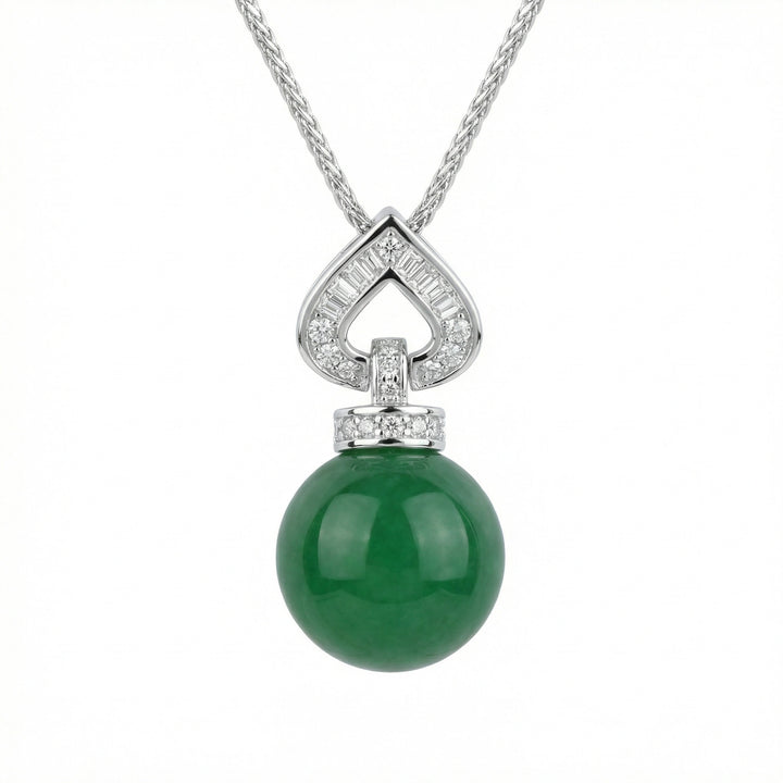 925 Sterling Silver Elegant Green Jade Sphere Pendant Necklace with Heart-Shaped Diamond Accents