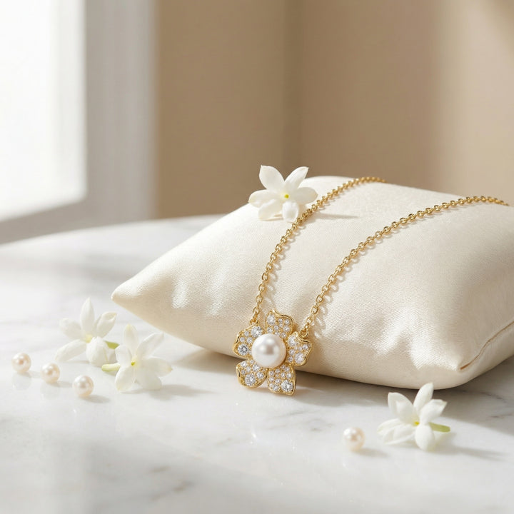 ✨ 925 Sterling Silver Pearl & Diamond Blossom Necklace