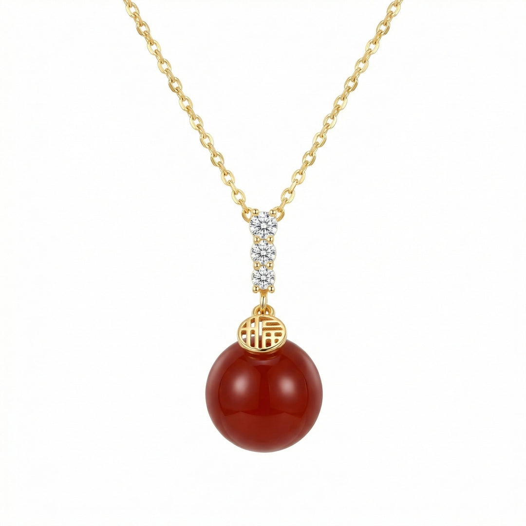✨ 925 Sterling Silver Radiant Red Agate Necklace with Fu Blessing Charm & Sparkling Accents ✨