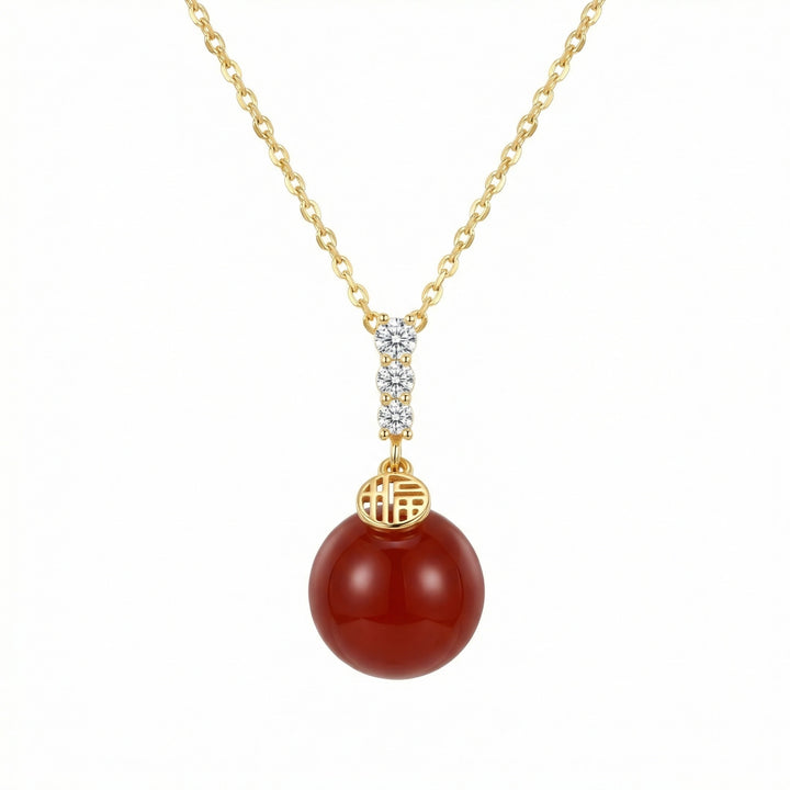 ✨ 925 Sterling Silver Radiant Red Agate Necklace with Fu Blessing Charm & Sparkling Accents ✨