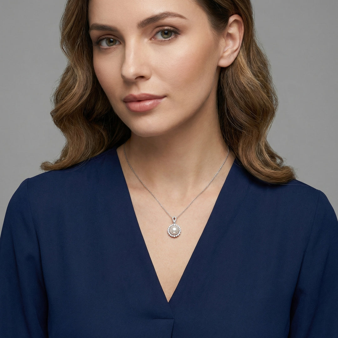 ✨ 925 Sterling Silver Elegant Round White Pearl Pendant Necklace with Diamond Halo ✨
