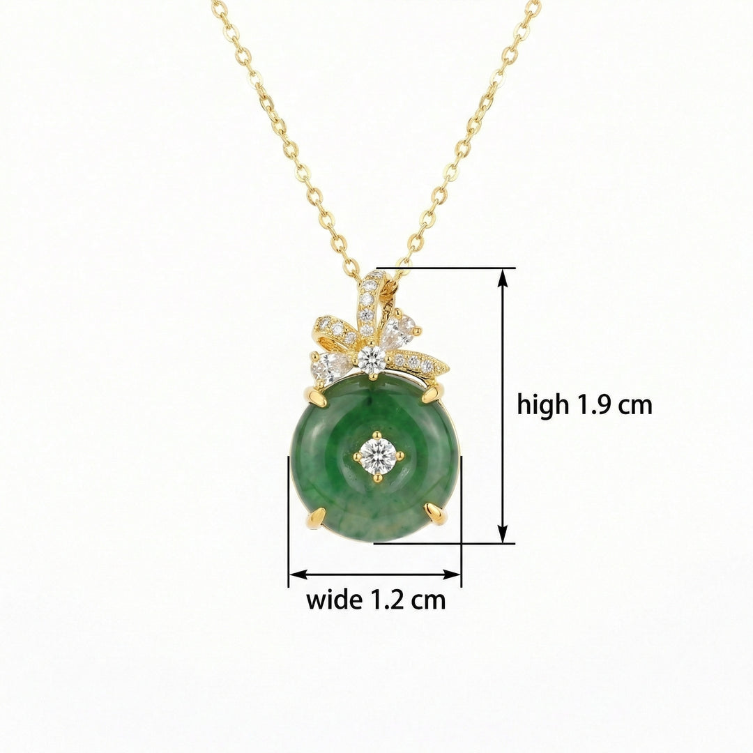 ✨ 925 Sterling Silver Exquisite Green Jade Circle Pendant Necklace with Diamond Bow Accents ✨