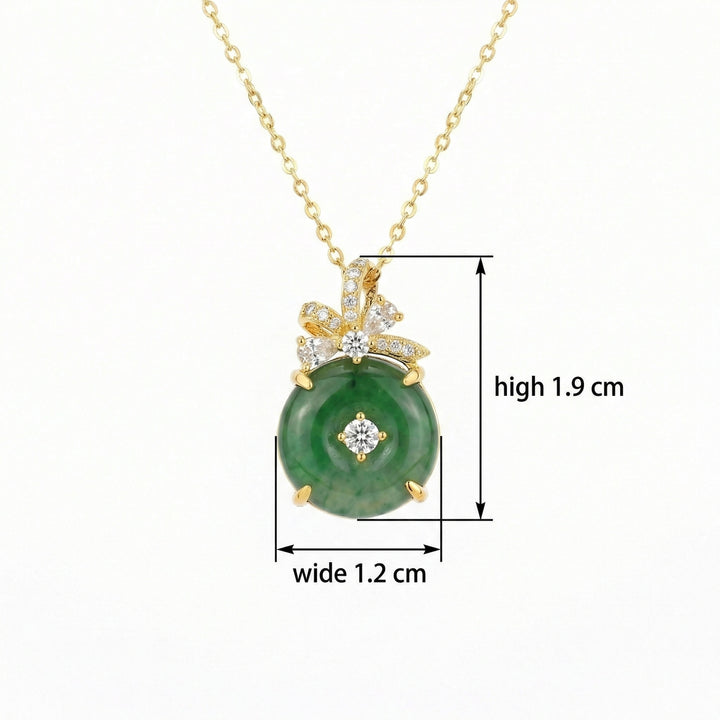 ✨ 925 Sterling Silver Exquisite Green Jade Circle Pendant Necklace with Diamond Bow Accents ✨