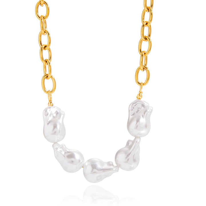 Elegant 18K Gold Stainless Steel Baroque Pearl Necklace – Chanel-Inspired Geometric Jewelry for Women
